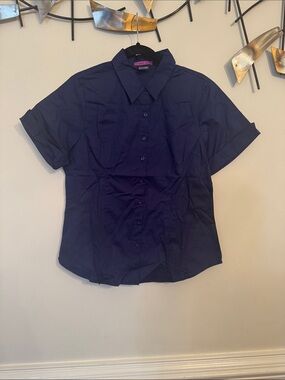 Classic Navy Short-Sleeve Button-Up Blouse